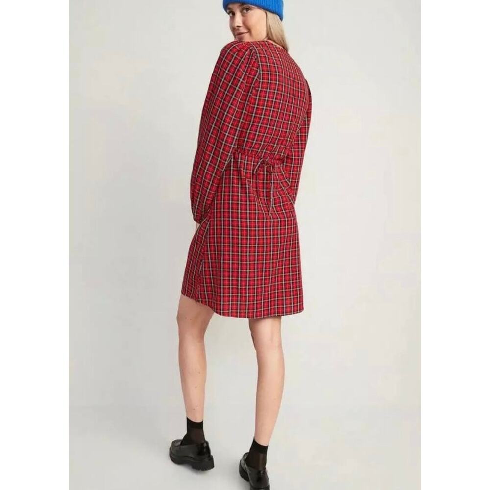 Old Navy XL Red Tartan Plaid V-Neck Wrap Long Sleeve Holiday Mini Dress NWT - Picture 11 of 13